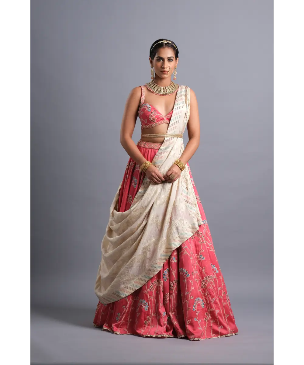 AASTHA SOOD - Bubblegum pink georgette Zardozi Lehenga